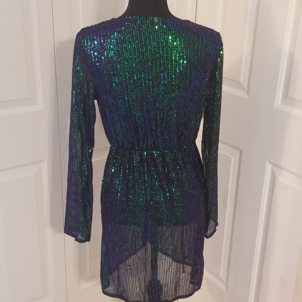 Green Sequins Party Ruched Long Sleeve Dress - Picture 8 of 9